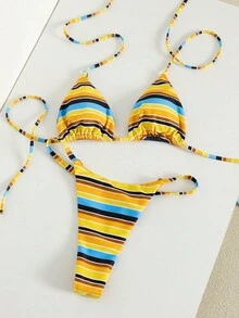 女士性感简约时尚两件式泳衣套装，双面条纹印花挂脖系带沙滩度假约会装，春夏新品 - 條紋 - 查看 3