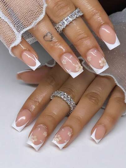 24pcs Press On Nails French Nails Y2k Pink Nails Medium Coffin White-Edged Flower Pearl Reusable Press On Acrylic Nails Fake Nails Nails Supplies Free Of 24 Pieces Of Jelly Tabs And A Mini File