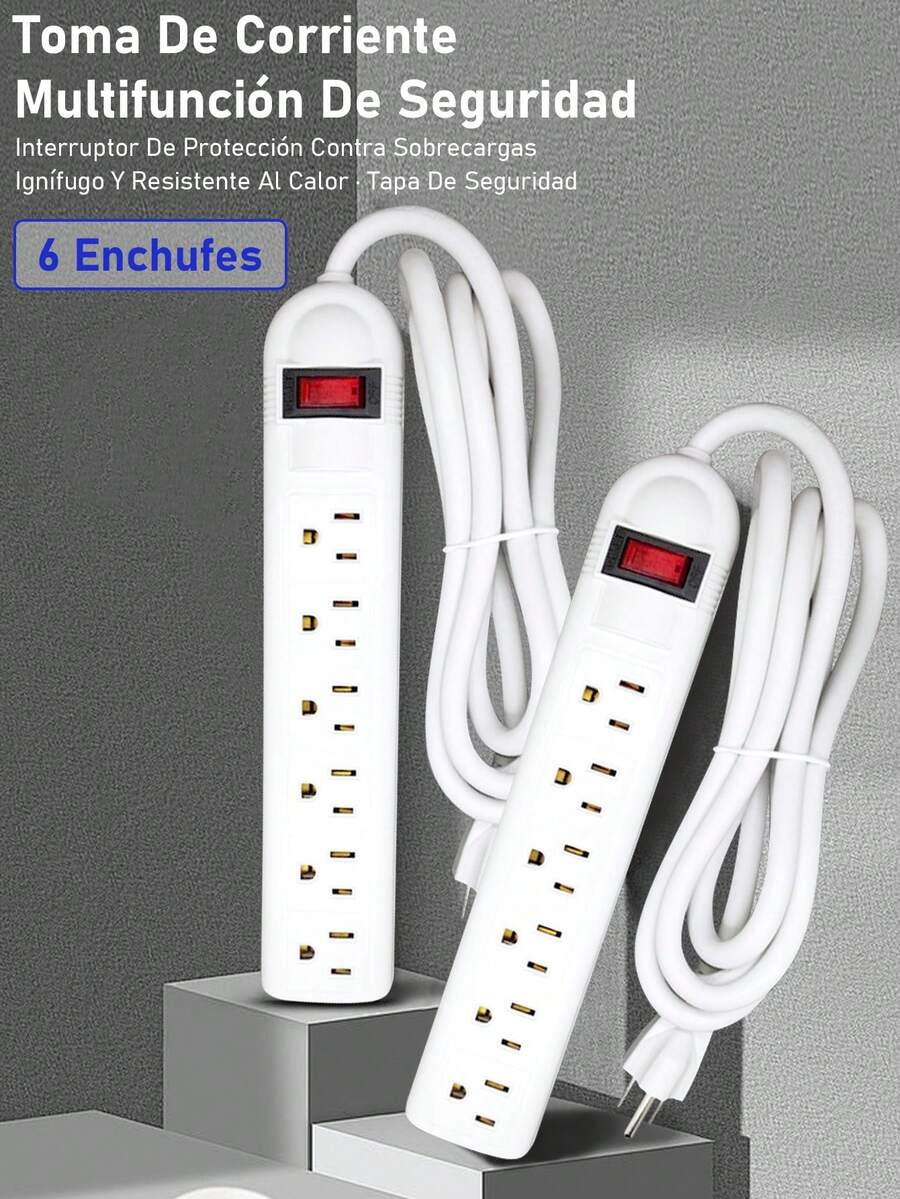 Extension Multicontacto Regleta 6 Enchufes,Tira De Alimentación, Protector De Sobretensiones,Para Hogar, Oficina, Cochera, Banco De Trabajo, Cablede