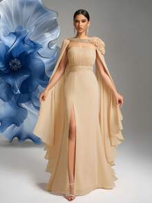 SUPGIR Sleeveless Halter Dress With Luxurious Sequins Fabric Rose Shawl, Evening Gown - Champagne - View 3