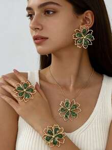 1 pièce/set Élégant rafraîchissant doux bijoux en émail à goutte de fleur de marguerite, comprenant boucles d'oreilles, collier, bague, bracelet. Bijoux floraux dorés à la mode, convient pour les femmes à porter lors de banquets, de fêtes et d'occasions quotidiennes - Vert - Voir 1
