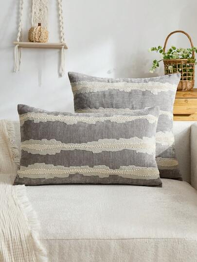 1件装现代简约灰色波浪条纹刺绣抱枕套，雪尼尔几何图案靠垫套，适合室内装饰，四季皆宜，不含枕芯