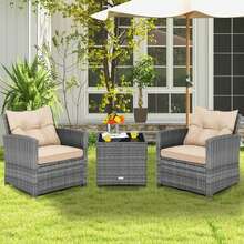 3PCS Patio Rattan Furniture Bistro Set Cushioned Sofas Side Table Armrest Beige - 米色 - 查看 1