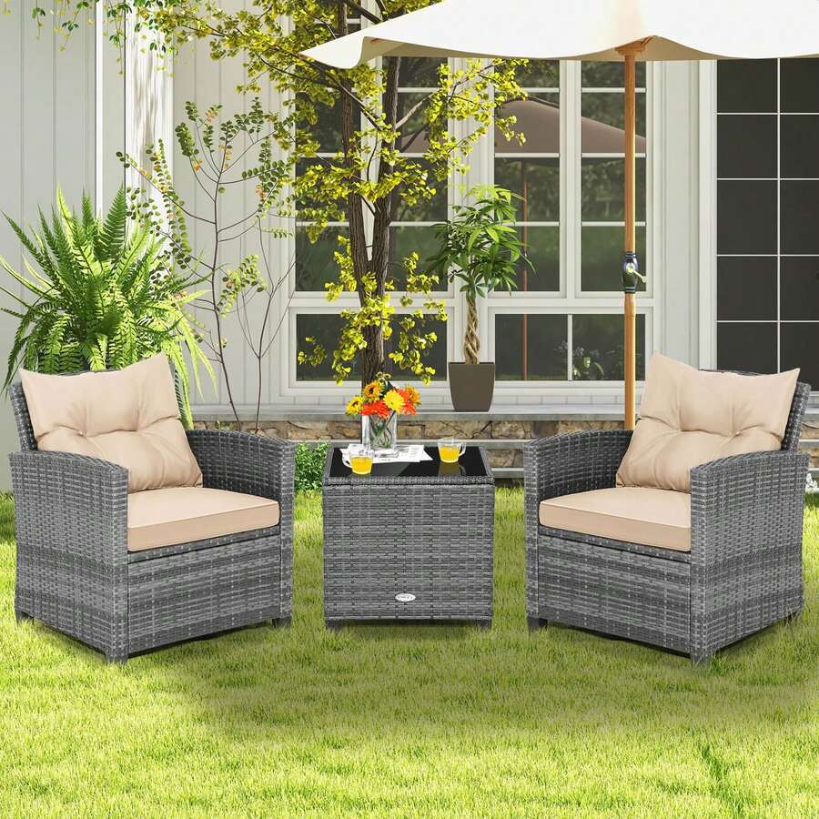 3PCS Patio Rattan Furniture Bistro Set Cushioned Sofas Side Table Armrest Beige - 米色 - 查看 1
