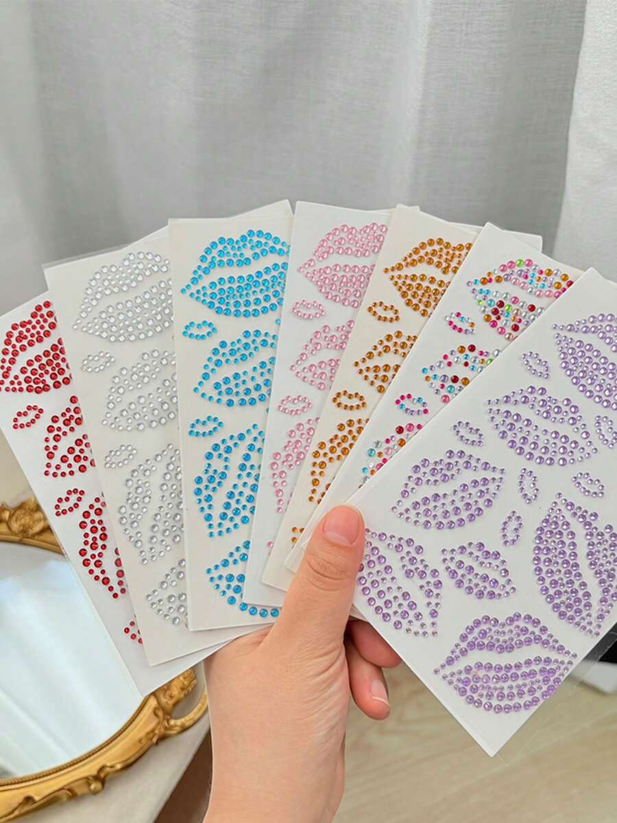 1片3D红色水钻自粘面部宝石，多色水钻唇部、发饰，节日亲吻贴纸，面部宝石，适用于化妆、眼部、头发、身体、嘉年华装饰