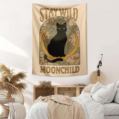 1 pieza Tapiz de estilo bohemio vintage con estampados de sol, luna, gato de la suerte, constelación, motivos de letras, decoración de pared, tapiz colgante de poliéster para sala de estar, dormitorio, oficina, dormitorio, decoración del hogar, fiesta, colgante de pared rectangular de cocina con efecto de cortina, incluye 3 clavos de pared y 2 clips