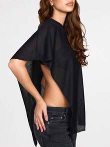 Women Knit Poncho Loose Solid Boat Neck Asymmetrical Coverup Tops Casual Shrug Sweaters - Black - View 2