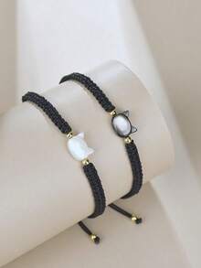 天然月光石黑曜石手链套装 2 件套 简约手工黑白猫咪饰品 派对礼物 - 黑與白 - 查看 1