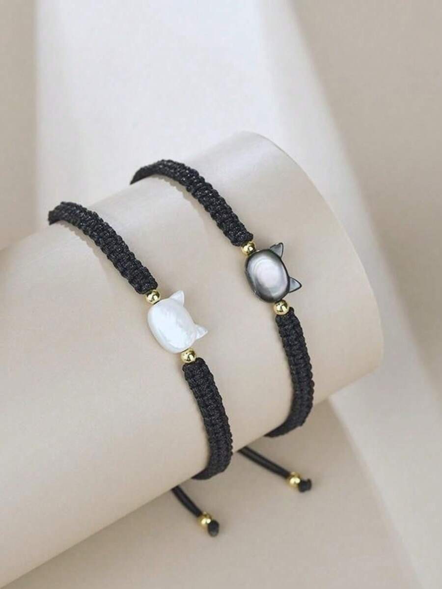 天然月光石黑曜石手链套装 2 件套 简约手工黑白猫咪饰品 派对礼物 - 黑與白 - 查看 1