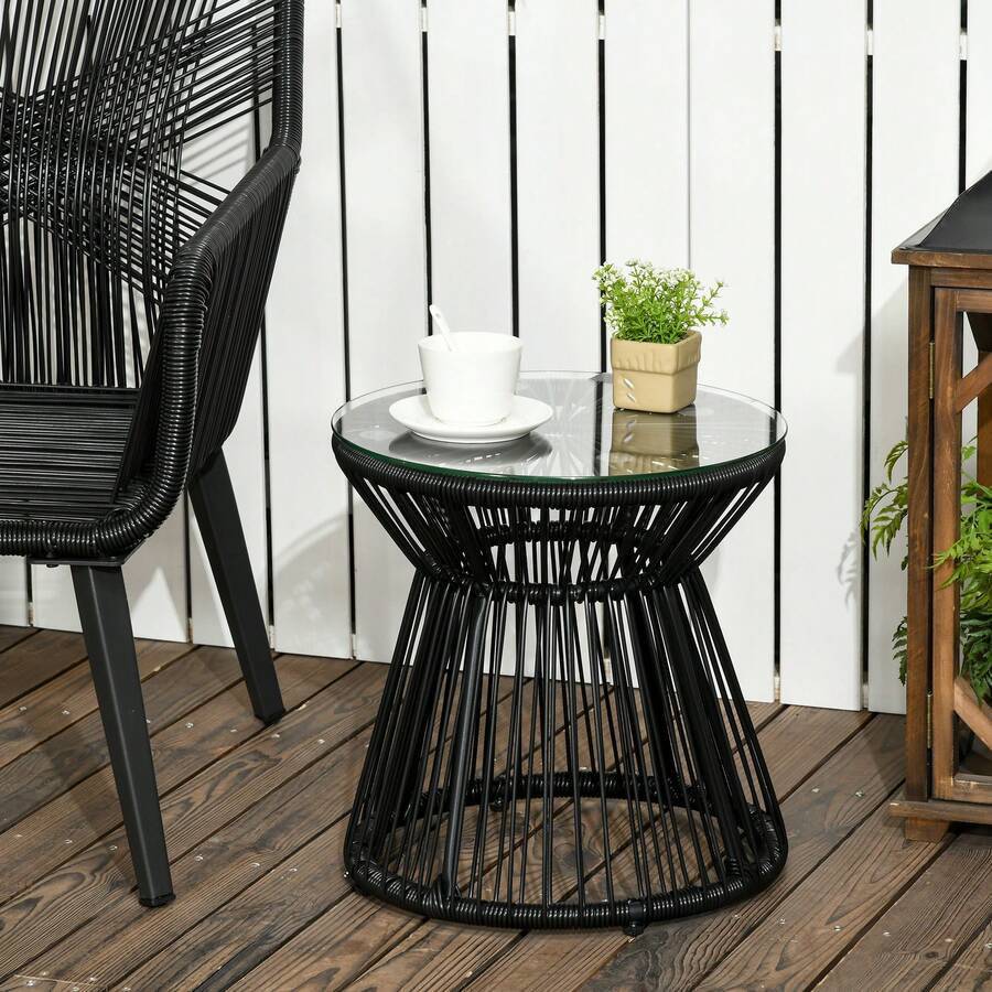 Round Garden Table With Hollow Drum Design, Bistro Table With Glass Top, Black Coffee Table For Garden And Balcony. - Black - View 1