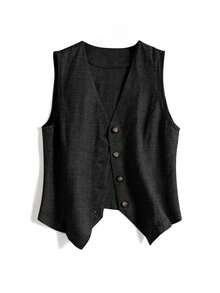 女士休闲亚麻背心外套，短款，适合春夏度假穿着，黑色 - 黑色 - 查看 3