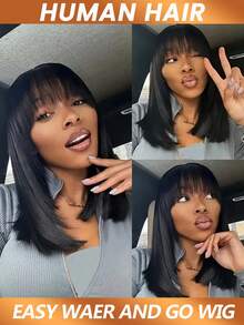 Silky Straight With Bangs Glueless Human Hair Wigs Machine Made Wigs Bob Shoulder Length Wigs For Women 180% Density - Natural Black - View 6