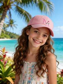 Children's Flower Letter Embroidered Adjustable Baseball Cap Casual Peaked Sun Hat For Kids, Teens & Youth 3-16 Years Old - Baby Pink - View 4