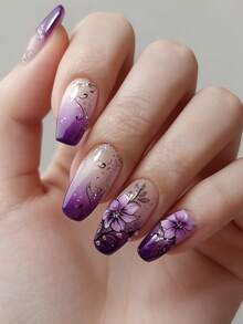 24pcs Elegant Purple Ombre Flower, Glitter, Vine & Lily Nail Art False Nails Set, Includes 1 Sheet Of Stickers And 1 Mini Nail File, Suitable For Women And Girls, Random Delivery - Purple - View 8