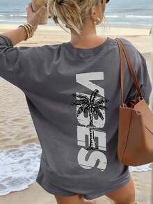 Women's Minimalist Coconut Tree Slogan Print Casual Round Neck Short Sleeve T-Shirt, Simple & Versatile, Suitable For Daily & Holiday Wear.Graphic Tee, Women, White, Black, Pink Summer VacationCasual Daily Wear, Pefert For Summer Vacation Outfits - 深灰色 - 查看 6