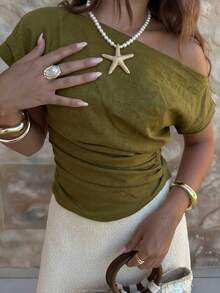 PoPoHouse 夏季时尚露肩短袖褶皱女式上衣 - 綠色 - 查看 6