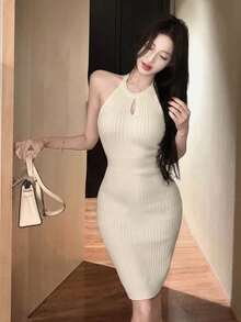 New Hollow Out Knitted Halter Neck Bodycon Dress For Women, Slim Fit Waist, Mini Skirt, Spring/Summer - Apricot - View 4