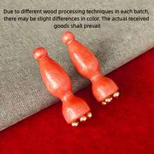 2pcs Solid Brass Facial Massage Tools | Lotus Shaped Facial Gua Sha Tools, Acupressure Massager For Face And Eyes, Skincare, Wooden Facial Massager, Facial Beauty, Eye Massage, Acupressure And Skincare - Brown - View 2