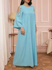 Solessence 优雅的阿拉伯风格长款圆领梭织面料连衣裙，饰有串珠和珍珠，袖长及腕，袖子常规。 - 薄荷藍 - 查看 1