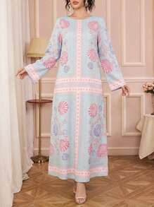 Solessence 奢华阿拉伯风格长袍，宽松圆领长袖，轻盈透气，优雅休闲度假长袍，传统阿拉伯服装，节日礼服 - 藍色 - 查看 1