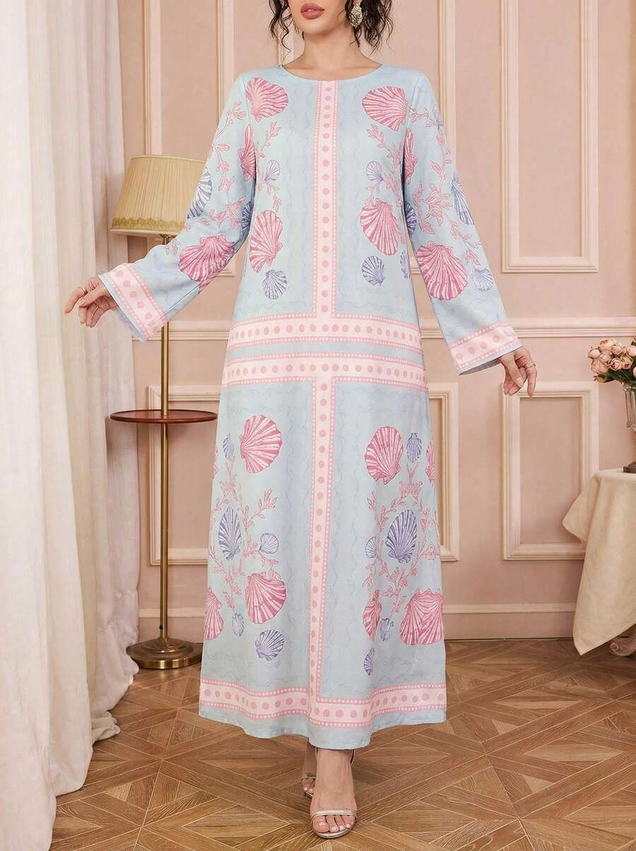 Solessence 奢华阿拉伯风格长袍，宽松圆领长袖，轻盈透气，优雅休闲度假长袍，传统阿拉伯服装，节日礼服 - 藍色 - 查看 1