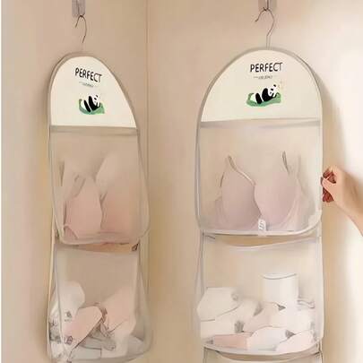 熊猫造型内衣袜挂袋，多功能悬挂收纳袋，便携透气壁挂式收纳盒，适用于浴室、卧室、厨房，配有肩带方便壁挂，米色壁挂式收纳袋