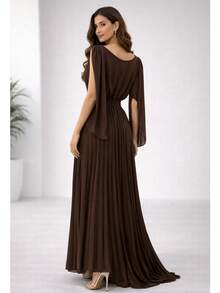 Women's Long Pleated Dress For Bridesmaids And Graduations - 鏽棕色 - 查看 2