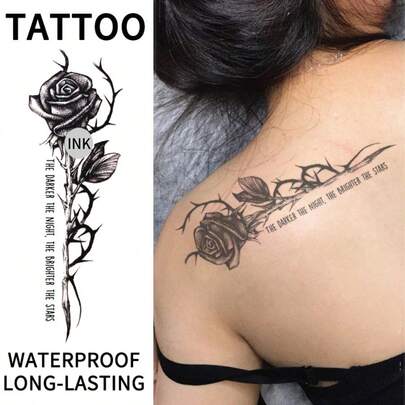 Herbal Juice Semi-Permanent Magic Tattoo Sticker, Thorn Rose Pattern, Text Meaning "The Darker The Night, The Brighter The Stars", 7-14 Days Non-Fading Non-Reflective Waterproof Tattoo Sticker For Wrist, Shoulder, Neck, Collarbone