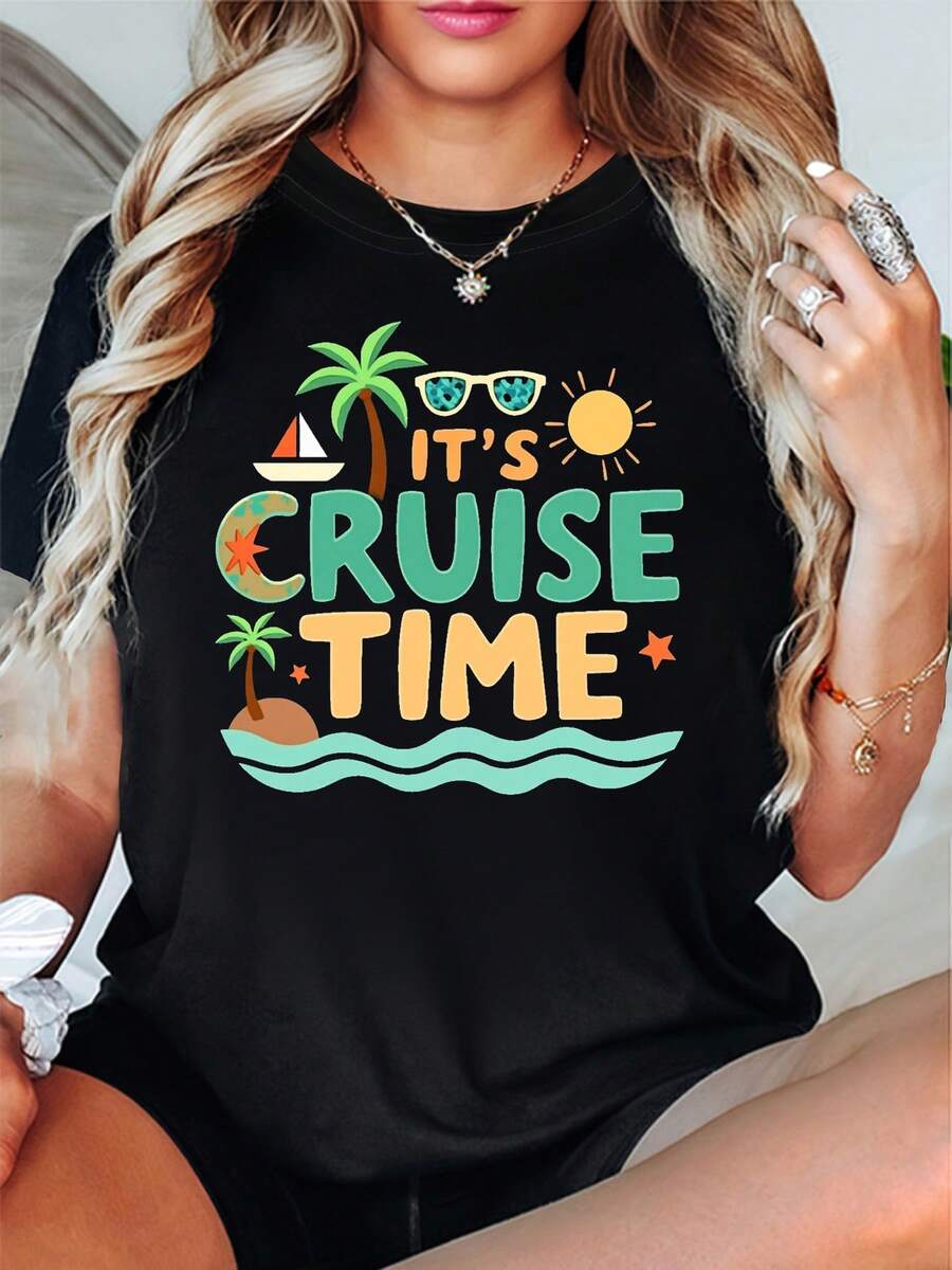 Its Cruise Time T Shirt Tropical Print Palm Tree Sun And Ship Design Casual Round Neck Short Sleeve Tee Perfect For Cruise Vacations Summer Trips Travel Lovers Fun Vacation Themed Wear - 黑色 - 查看 1