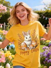 Camiseta de Mujer con Estampado de Conejo y Huevo de Pascua - Blusa Casual de Manga Corta y Cuello Redondo, Ropa Dulce de Primavera Adecuada para Vacaciones y Fiestas de Cumpleaños, Ropa Lavable a Máquina para Uso Durante Todo el Año - Multicolor - Ver 1