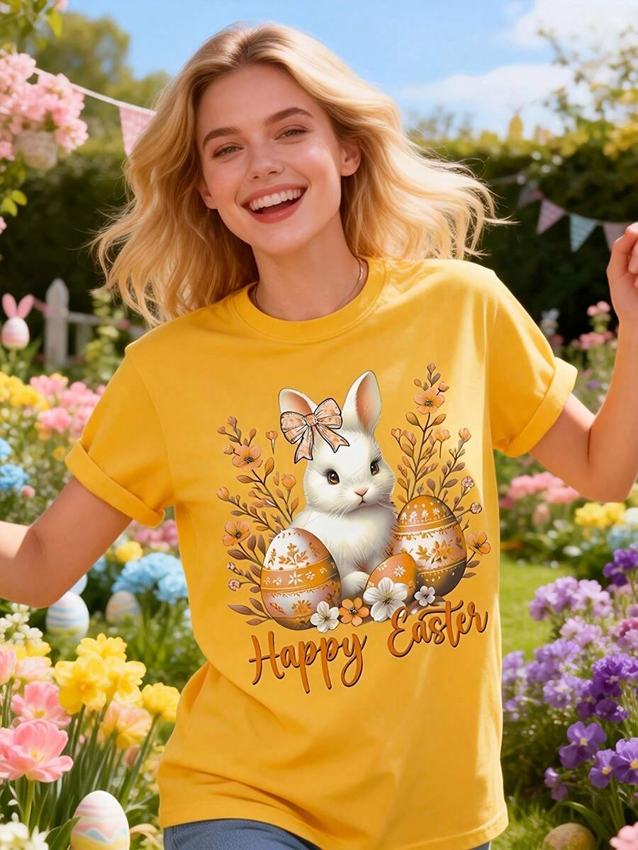 Camiseta de Mujer con Estampado de Conejo y Huevo de Pascua - Blusa Casual de Manga Corta y Cuello Redondo, Ropa Dulce de Primavera Adecuada para Vacaciones y Fiestas de Cumpleaños, Ropa Lavable a Máquina para Uso Durante Todo el Año - Multicolor - Ver 1