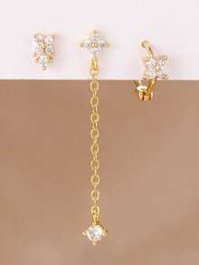 3件套流苏链锆石耳钉套装，18K金不锈钢花朵耳钉，美观饰品 - 3PCS-金 - 查看 3