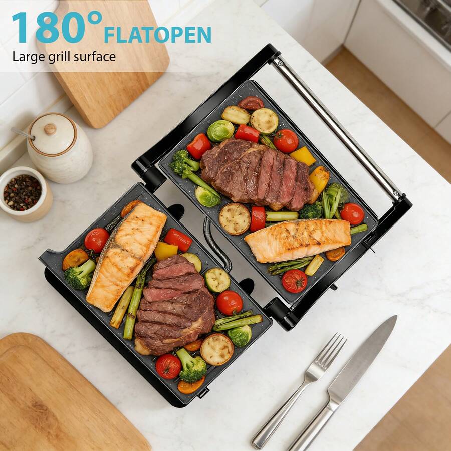 SUSTEAS Panini Press 180° Flip-Open Design Dual-Sided Cooking 304 Stainless Steel Construction - Black - View 1