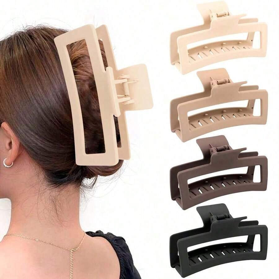 5 Inches Extra Large Claw Clips For Thick Hair And Long Hair, 4 Packs Xl Jumbo Claw Clips, Oversized Matte Non-Slip Rectangle Hair Clips For Women, Big Strong Hold Jaw Clip, Neutral Color Casual, School Stuff, College Fall Winter Hair Accessories For Women For Vacation Outfits Woman - 4 件,每種顏色一件 - 查看 1