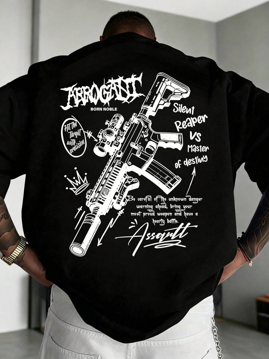 男士休闲宽松版型枪支和英文印花圆领短袖T恤 | 精致设计 | 夏季必备 | 易于搭配 - 黑色 - 查看 1