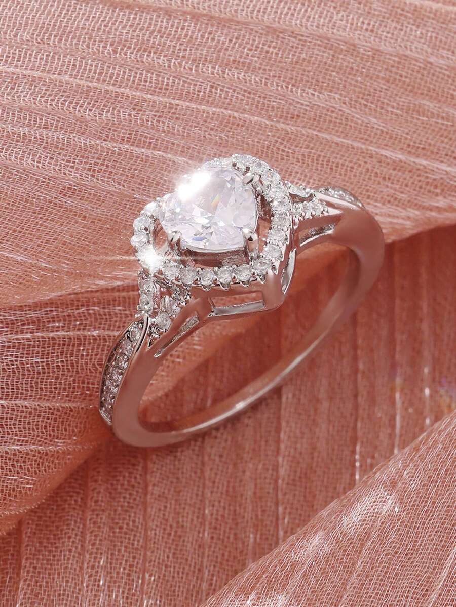 1pc Elegant Sparkling Heart-Shaped Cubic Zirconia Ring - Sweet & Romantic Design, Suitable For Birthday, Anniversary, Wedding And Special Occasions, Anniversary Gift - Silver - View 1