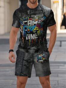 2pcs/Set Men's Casual Fashion T-Shirt And Shorts Set, "Cool GAME TIME" Game Controller Graffiti Denim-Look 3D Print Casual Street Style, Lightweight Breathable Summer 2-Piece Set, Suitable For Daily Wear And Summer Beach Vacation, Boyfriend Gift - Multicolor - View 3