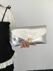 Bolso de mano de lujo tipo sobre de primavera 2026, minimalista y versátil con hebilla de metal, elegante bolso de fiesta de moda, bolso de mujer de gran capacidad y unicolor - Plateado - Ver 9