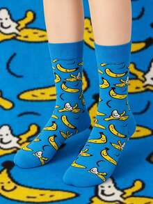 1双男女通用趣味香蕉印花中筒袜，水果图案透气吸湿袜，适合春夏穿着 - 彩色 - 查看 8