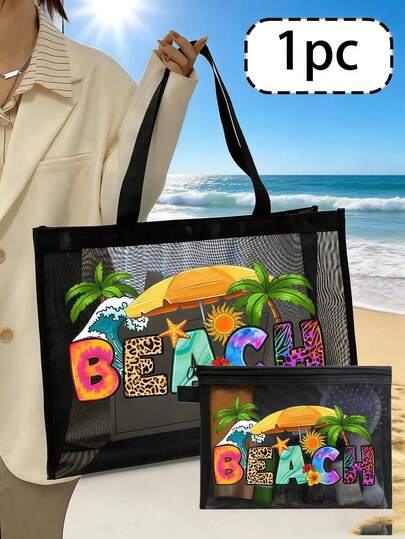 Black Mesh Tote And Small Bag Set With Beach Style Colorful Letter Print Design, Portable Cosmetic Bag, Beach Bag, Transparent Storage Bag, Skin Care Bag, Toiletry Bag, Women'S Beach Handbag, Wedding Bridesmaid Gift, Mother Gift, Birthday Gift, Best Gift For Friends And Teachers, Bathroom Storage Box, Jewelry Storage Box, Lip Oil Storage Box, Nail Polish Storage Box, Must-Have For Back To School Season And Graduation Season