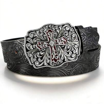 1pc Vintage Unisex Belt, Bohemian Style - Fashionable Black Faux Leather Belt With Retro Hollow Buckle - Personalized Belt Suitable For Jeans, Dresses And Casual Wear, Punk Rock Y2K Style