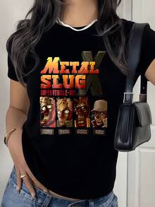 Gráficos con temática militar muestran fuerza y aventura en tonos metálicos intensos y letras grandes con efecto tridimensional sobre fondo oscuro camiseta de mujer casual moderna 220g - Negro - Ver 8