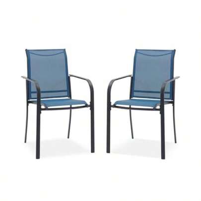 2 PCS Patio Dining Chairs Stackable Outdoor Chairs With Metal Frame For Lawn Garden Backyard Blue