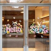 1/2pcs "Spring/Hello" Cute Animal & Floral Window Stickers, Reusable Static Cling, Rabbit & Raccoon Patterns, Suitable For Cafe Windows, Bedroom, Dining Room And Home Decor - Animal Window Stickers - View 4