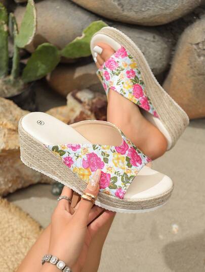 New Vintage Floral Open Toe Casual Elegant Comfortable Beach Resort Bohemian Versatile Lightweight Platform Woven Straw Sandals, Multiple Colors Available
