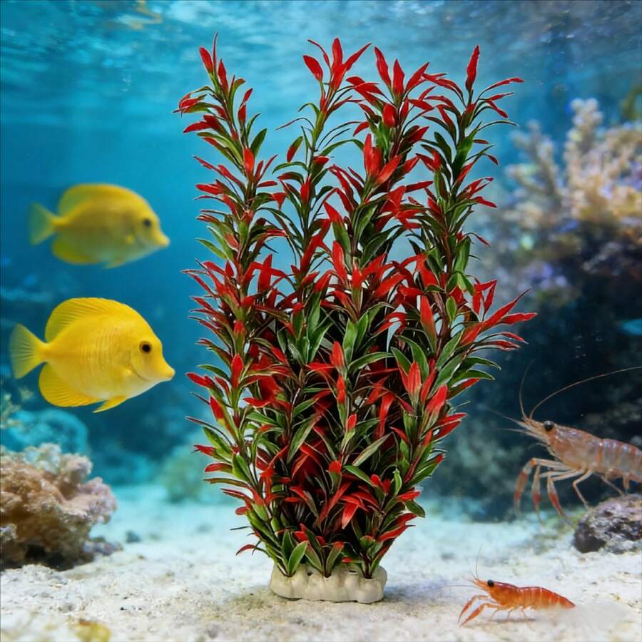 1pc Red Artificial Aquatic Plant Decoration, PE Material, Ceramic Base, Compatible With Large Aquarium, Aquarium Decor, Soft Fake Water Plant, Slouchy Landscape Ornament, Realistic Aquarium Underwater Plant Decor, Vibrant Color Artificial Aquarium Plant, Fake Water Grass - A - View 1