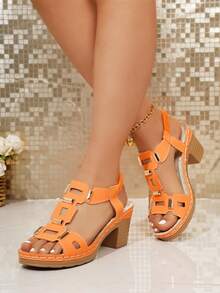 Sandal Wedges Platform Gesper Warna Solid Retro Wanita Ukuran Besar, Sepatu Pantai, Sepatu Musim Panas - Jeruk - View 5