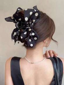1pc Polka Dot Mesh Bow Hair Claw Clip, Sweet Style Summer Hair Accessories Beach Vacay Hair Clips - Black Polka Dots - View 2