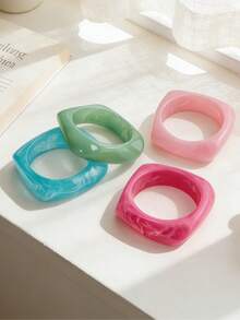 4pcs/Set Geometric Summer Tie-Dye Resin Curved Beach Bracelet, Asymmetric Acetate Bracelet, Fashionable & Versatile For Women - Bracelet - View 2