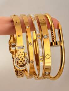 Bộ 5 vòng tay mạ vàng PVD 18K có thể xếp chồng lên nhau | Vòng tay mảnh mai chống thấm nước | Họa tiết pha lê và hình học | Trang sức thời trang tối giản dành cho nữ - Vàng - Xem 4